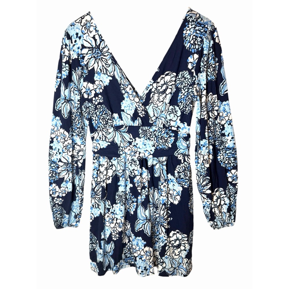 Lilly Pulitzer Riza Long Sleeve Romper Low Tide Navy Bouquet All Day Medium - Picture 3 of 10